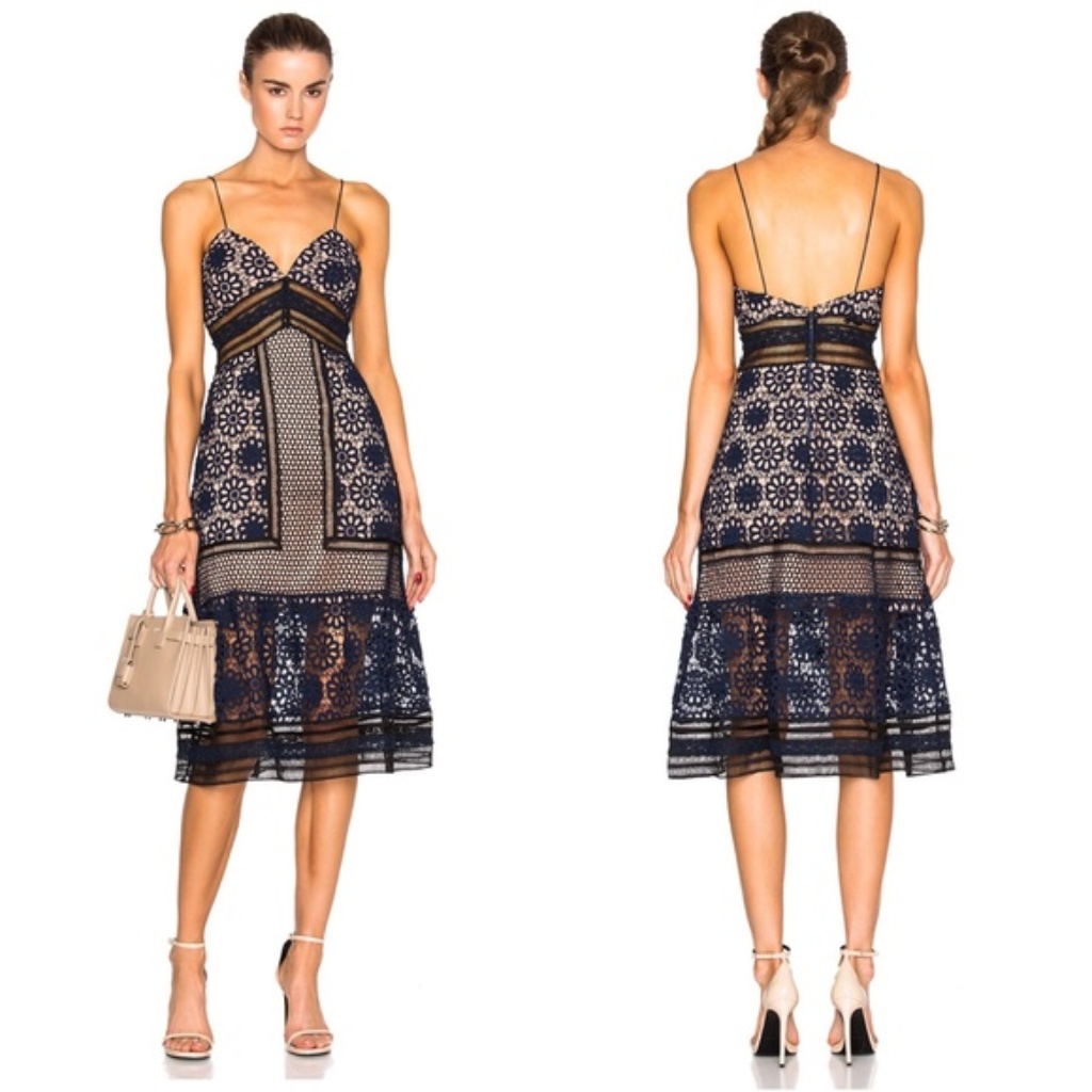Self-Portrait Navy And Black Floral Lace Midi Dress